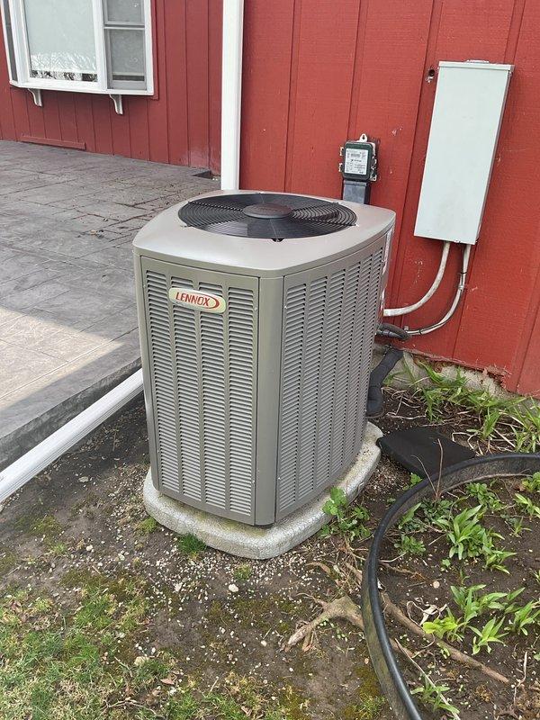 Completed annual preventative maintenance on a 2-year-old Lennox EL16XC1-042-230A03 air conditioning system containing HFC-410A refrigerant with factory charge of 8 lbs 6 oz. Performed comprehensive inspection of outdoor condensing unit including visual examination of cabinet condition, louver vents, and fan assembly. Verified electrical connections at disconnect box and conduit routing. Inspected unit placement on concrete pad and surrounding area. Documented manufacturer specifications including design pressures (HI 448 PSIG, LO 235 PSIG), electrical ratings (208/230V, 60 Hz), and compressor specifications (PH 20.0, RLA 112.0, LRA 28.0). System operating within normal parameters with no deficiencies noted. Unit maintained AHRI certification standards and proper ETL safety compliance.