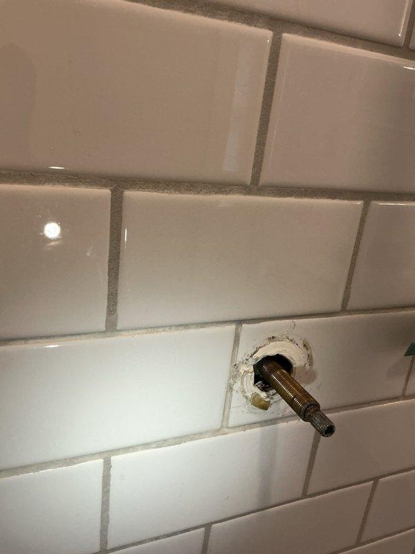 Completed installation of 50-gallon tanked water heater, reconnecting all mechanical and plumbing connections per code requirements. Additionally assessed shower valve cartridge requiring replacement, noting deterioration and discoloration around the fixture penetration point in the tiled shower wall.