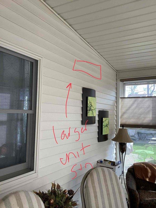 Conducted site evaluation for new mini-split system installation in three-season room with no existing HVAC equipment. Assessed wall structure, electrical requirements, and optimal placement for indoor air handler unit. Documented proposed installation location on interior wall with measurements and photographed room layout including window configurations and available mounting surfaces to prepare comprehensive installation quote for ductless heat pump system.