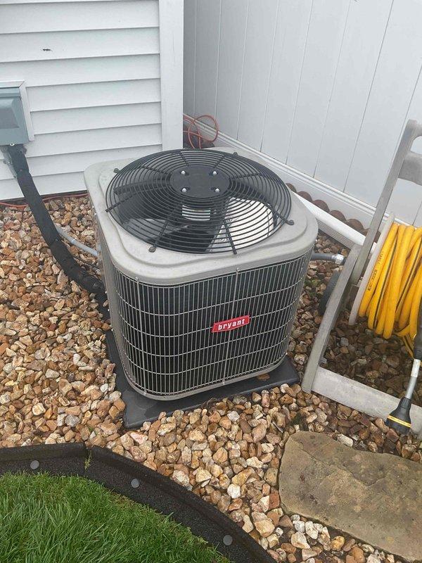 Completed comprehensive HVAC tune-up on 8-year-old system including basement-located gas furnace and outdoor Bryant condenser unit. Performed thorough inspection of furnace burner assembly, confirmed proper blue flame combustion pattern, verified gas valve operation, and checked all electrical connections and wiring harnesses. Inspected outdoor condenser unit, verified refrigerant lines and insulation integrity, and confirmed proper unit placement on gravel pad. Additionally inspected and evaluated humidifier, thermostat functionality, and hot water tank as part of complete system assessment. All components found operating within normal parameters with no immediate service needs identified.