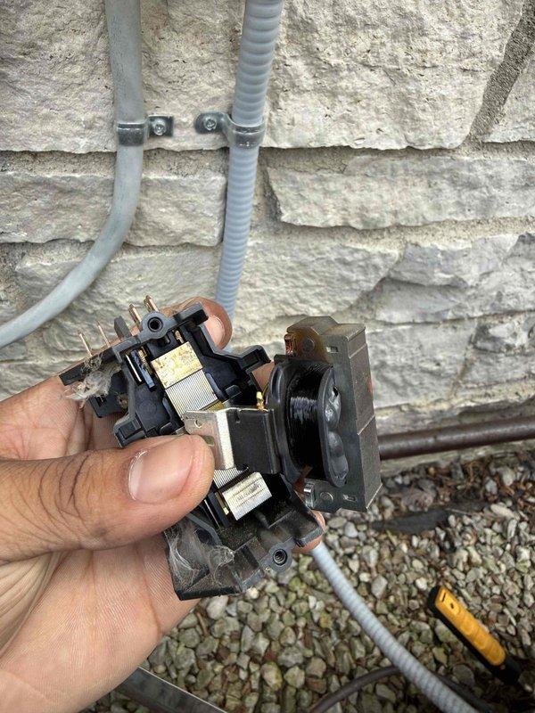 Responded to no cooling complaint on 8-year-old AC system located in basement. Upon inspection, found failed contactor (model HN51KC024) preventing compressor operation. Replaced defective contactor, verified proper voltage to capacitor (Totaline P291-3554RS rated 370/440VAC), tested system operation, and confirmed unit now cooling properly.