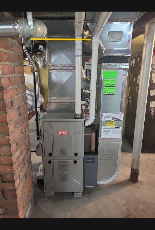 Provided comprehensive estimate for complete HVAC system replacement in basement location. Existing 10+ year old air conditioning unit had failed inspection and required replacement. Evaluated current Bryant furnace system with natural gas fuel source, assessed existing ductwork configuration including sheet metal plenum with cross-bracing, and documented mechanical room layout with water heater and chimney infrastructure to ensure proper clearances and code compliance for new equipment installation.