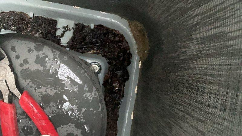 Responded to service call for central air conditioner and mini-split system both experiencing cooling failures. Upon inspection, discovered severely clogged condensate drain pan and air handler with extensive accumulation of organic debris, sludge, and biological growth blocking proper drainage and restricting airflow. Removed heavy buildup of dirt, decomposed matter, and algae from drain pan and interior components. Cleared condensate drain line obstruction, cleaned evaporator coil area, and flushed drainage system to restore proper function. Verified both systems restored to normal cooling operation following cleaning and debris removal.