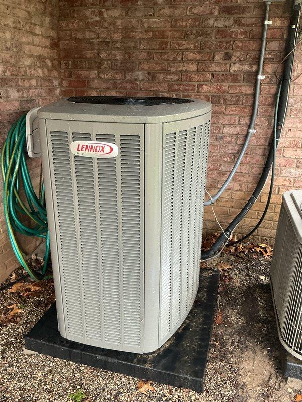 Responded to no cooling complaint on 3-month-old Lennox air conditioning system with outdoor condenser and basement-located air handler. Performed diagnostic evaluation of both indoor and outdoor units, inspecting refrigerant lines, electrical connections, condensate drainage system, and airflow components. System found to be operating within normal parameters after thorough inspection and testing of all major components.