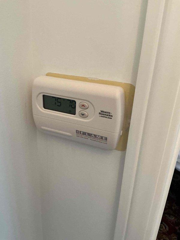 Responded to service call for White-Rodgers thermostat that would not advance to cool mode and only operated in heat. Upon inspection, determined existing thermostat was malfunctioning and unable to properly switch between heating and cooling modes. Removed old White-Rodgers unit from first floor location and installed new Nest smart thermostat as replacement. Connected wiring to new thermostat base, mounted unit to wall, and verified proper operation of both heating and cooling functions. System now operating correctly with full mode functionality restored.