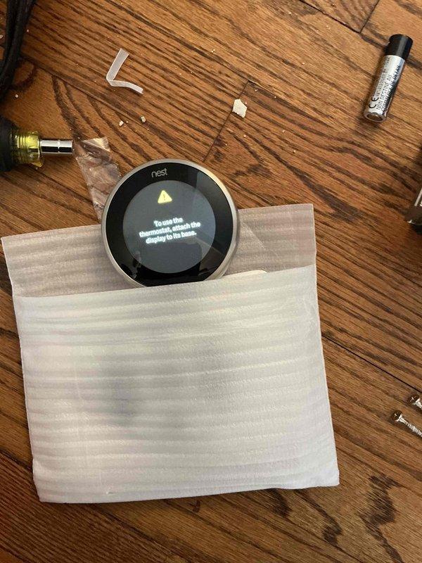Responded to service call for White-Rodgers thermostat that would not advance to cool mode and only operated in heat. Upon inspection, determined existing thermostat was malfunctioning and unable to properly switch between heating and cooling modes. Removed old White-Rodgers unit from first floor location and installed new Nest smart thermostat as replacement. Connected wiring to new thermostat base, mounted unit to wall, and verified proper operation of both heating and cooling functions. System now operating correctly with full mode functionality restored.