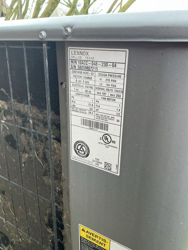 Completed routine preventative maintenance on Lennox condensing unit model 10ACC-048-230-04 located at rear of residence. Performed standard tune-up procedures including visual inspection of unit exterior, verification of manufacturer specifications, and system operational assessment. Confirmed Nest thermostat is functioning properly and communicating with HVAC system. All components inspected and found to be operating within normal parameters at time of service.