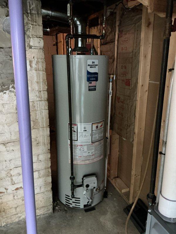 Installed 40-gallon tanked water heater in residential basement utility area. Connected all water supply lines, gas piping, and exhaust venting per code requirements. Verified proper operation of burner assembly, safety controls, and temperature settings upon completion.