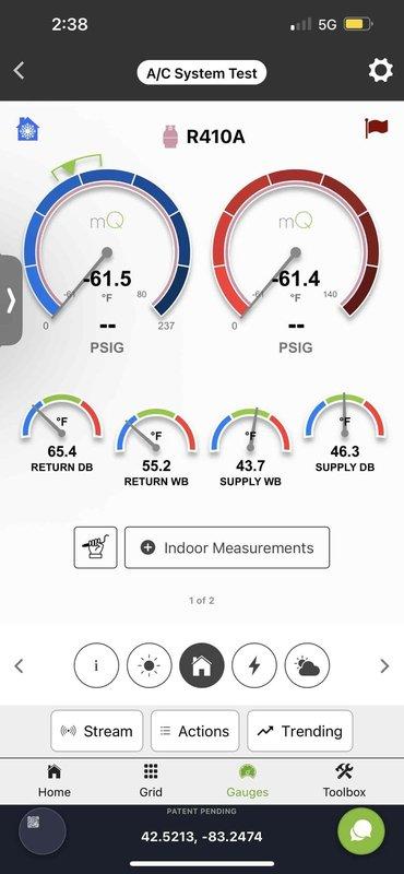 Performed comprehensive Gold AC inspection and tune-up on a 10-year-old residential air conditioning system located in the backyard. Unit is a cylindrical condenser installed on concrete paver patio with proper clearance and access. Conducted complete system diagnostics using R410A refrigerant testing equipment, measuring return dry bulb temperature at 65.4°F, return wet bulb at 55.2°F, supply wet bulb at 43.7°F, and supply dry bulb at 46.3°F, indicating proper temperature split and system performance. All measurements fell within acceptable operating parameters for optimal cooling efficiency. Unit exterior housing and protective grille cover inspected and found in good condition with no visible damage or deterioration. System operating normally with no issues identified during inspection.