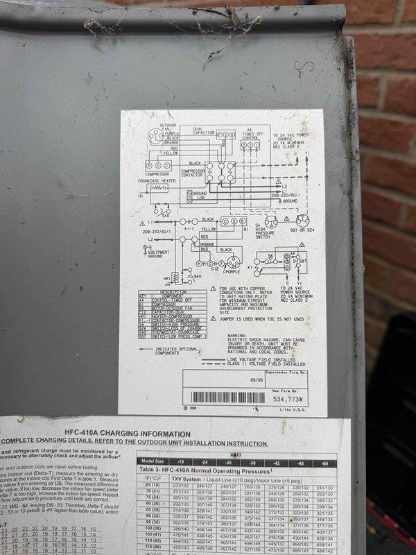 Completed comprehensive Gold AC inspection and tune-up on residential R-410A air conditioning system as part of plan membership maintenance. Performed full system evaluation including inspection of dual outdoor condensing units, verified proper leveling and placement on concrete pads, checked electrical connections and components per manufacturer wiring diagram specifications, measured refrigerant operating pressures against factory charging chart, inspected condenser coils and fan operation, and documented equipment condition with photographic records. All systems found operating within normal parameters with no immediate repairs required.