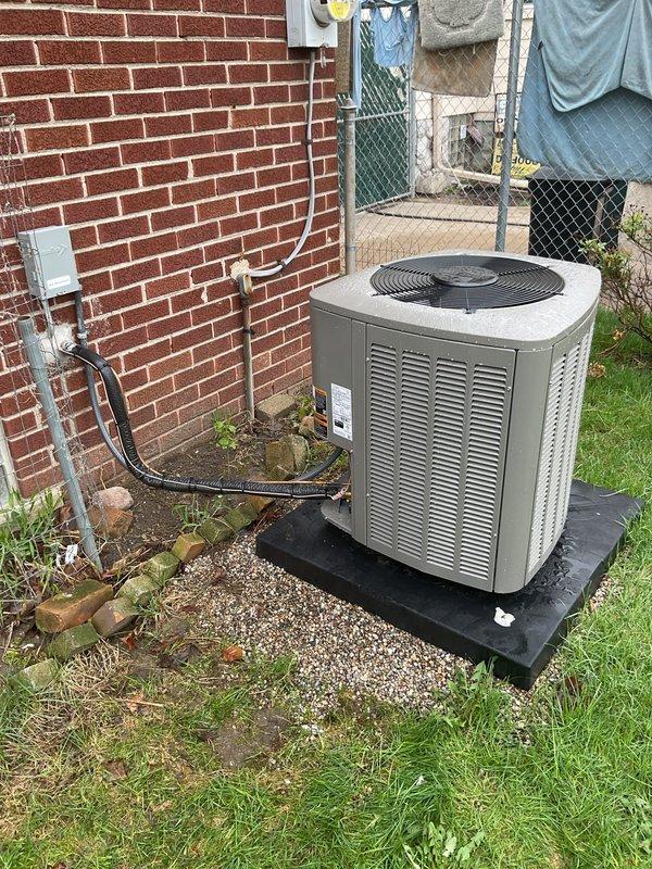 Performed AC system start-up on outdoor condensing unit and basement evaporator coil. Connected diagnostic manifold gauges to verify refrigerant pressures and system operation, confirmed proper electrical connections and refrigerant line installation. All equipment tested and operational within manufacturer specifications.