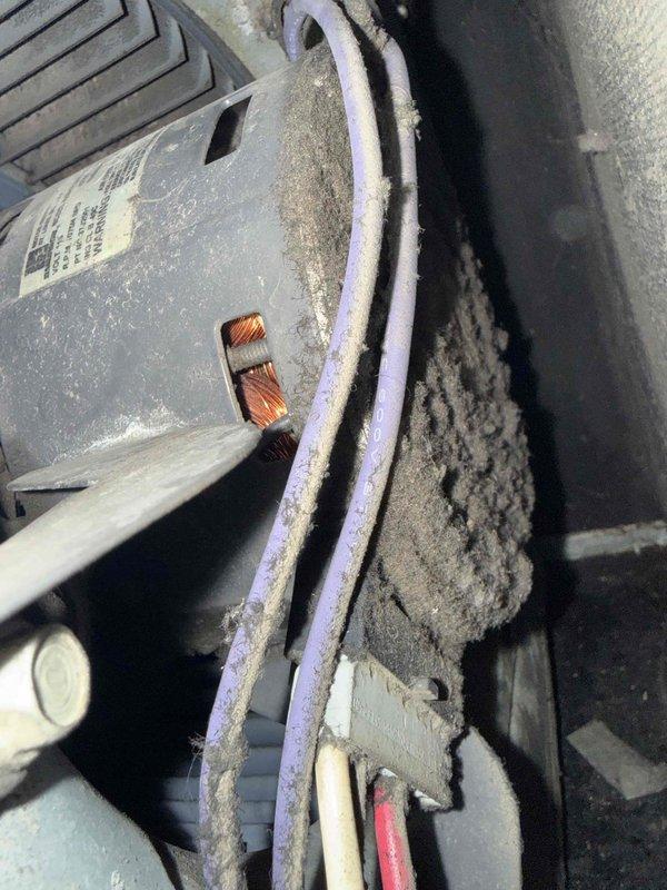 Responded to service call for air conditioning system not operating properly after reset and filter replacement. Performed diagnostic evaluation on 10+ year old unit with evaporator coil located in furnace. Upon inspection, found equipment showing significant age-related wear, dust accumulation, and debris throughout system components. Evaluated blower motor assembly, electrical connections, and refrigerant lines. Identified potential issues with motor operation and electrical wiring connections requiring attention. Documented equipment condition including manufacturer information and component status through photographic evidence for record-keeping purposes.