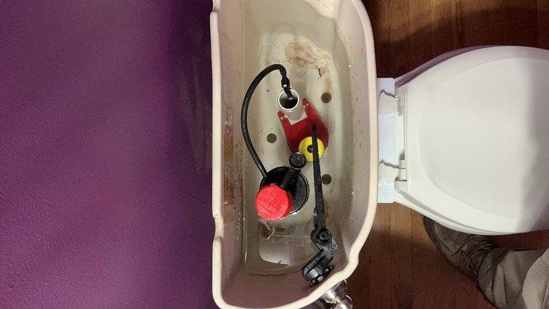 Responded to a toilet malfunction that had been occurring for two days in a single bathroom area. Performed a complete rebuild of the toilet tank assembly, including replacement of all internal components: flush valve, fill valve, float mechanism, and flapper. The existing components showed significant mineral deposits and rust staining throughout the tank interior, indicating deteriorated seals and compromised flushing performance. Successfully restored proper toilet function and water flow control.