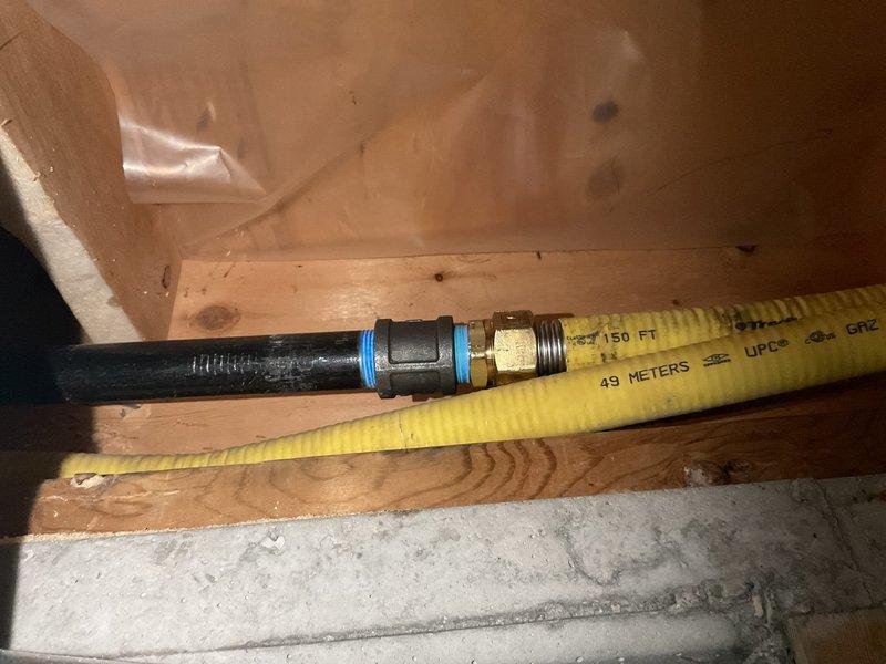 Completed gas line repairs in crawl space and attic area. Installed new yellow corrugated CSST (Corrugated Stainless Steel Tubing) gas line with proper fittings and connections, replacing compromised sections. Secured all gas piping to floor joists per code requirements, ensuring proper support and clearance from other mechanical systems including HVAC ductwork and existing plumbing lines. Performed pressure test on entire gas line system to verify integrity of all connections and confirm no leaks present. All work completed to current plumbing and gas fitting codes.