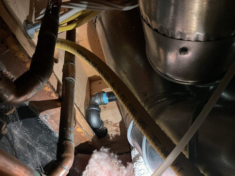 Completed gas line repairs in crawl space and attic area. Installed new yellow corrugated CSST (Corrugated Stainless Steel Tubing) gas line with proper fittings and connections, replacing compromised sections. Secured all gas piping to floor joists per code requirements, ensuring proper support and clearance from other mechanical systems including HVAC ductwork and existing plumbing lines. Performed pressure test on entire gas line system to verify integrity of all connections and confirm no leaks present. All work completed to current plumbing and gas fitting codes.