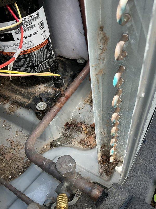 Responded to service call for central air conditioner shutting off approximately 15 seconds after startup with no cooling capability. Performed leak search inspection under warranty coverage. Upon examination, found system operating on low refrigerant charge, causing low pressure switch to trip and shut down compressor. Documented equipment condition showing significant debris accumulation in condensing unit base pan and evidence of outdoor weathering. Connected manifold gauge set to measure system pressures and confirm refrigerant loss. Identified low pressure switch as requiring replacement, with part confirmed available at Williams Southfield supply house under existing purchase order. Photographed system conditions and pressure readings for warranty documentation purposes.