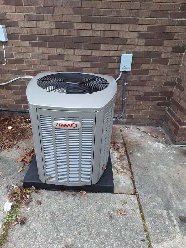 Completed installation of 2.5 ton Lennox air conditioning unit with matching evaporator coil on left side of residence. Unit was set on rubber isolation pad, refrigerant lines and electrical conduit were run and connected, and system was tested and verified operational using diagnostic equipment. Mechanical permit was requested for the installation.
