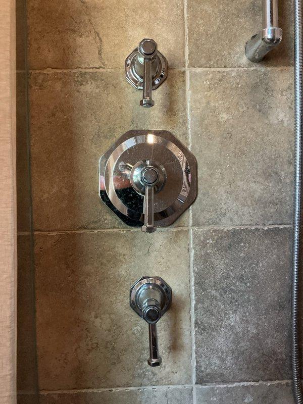 Responded to service call for whining/screaming noise occurring during shower operation. Upon inspection, identified worn shower valve cartridge as the source of the noise complaint. Removed octagonal chrome escutcheon plate and extracted deteriorated cartridge showing age-related discoloration and compromised sealing components. Installed new replacement cartridge with fresh rubber gaskets and seals. Tested all three fixtures in the vertical column configuration—diverter valve, temperature control valve, and volume control valve—to ensure proper operation and verify elimination of noise issue. System now operates quietly with normal water flow and pressure.