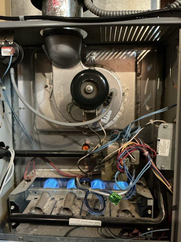 Completed comprehensive Gold-level inspection on multi-unit HVAC system with equipment aged 5-10+ years. Performed thorough examination of furnace components including blower motor assembly, burner tray, gas valve controls, and all electrical connections; verified proper operation of all internal mechanical systems and confirmed adequate airflow through ventilation components. Inspected outdoor Daikin condenser unit, evaluated cabinet condition, verified fan operation, and assessed refrigerant lines and overall system performance; documented equipment condition with detailed photography for maintenance records.