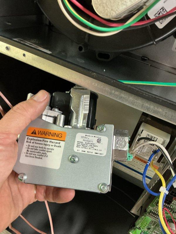 Responded to thermostat service alert displaying Alarm ID 275 "GF Flame Out Or Seq No Flame" error on Lennox digital thermostat. Diagnosed furnace control board and gas valve failure causing flame sequencing issue. Replaced defective control board and gas valve assembly under warranty PO 1314928-001. Verified proper ignition sequence, flame sensor operation, and system functionality. Cleared error codes and confirmed thermostat communication with furnace. System restored to normal heating operation.