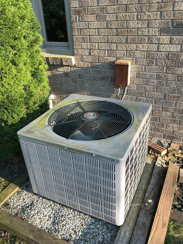 Completed comprehensive tune-up on 10+ year old HVAC system including outdoor AC condenser unit and basement furnace. Performed thorough inspection of condenser unit showing age-related weathering and algae growth on exterior surfaces; verified proper operation of compressor, fan motor, and electrical disconnect. Conducted detailed furnace inspection with digital diagnostic testing equipment, measuring temperature differentials and system performance; inspected blower motor assembly, electrical connections, wiring harnesses, and internal mechanical components. Evaluated thermostat operation, humidifier functionality, and hot water tank condition as part of complete system assessment. All equipment found operating within normal parameters with no immediate safety concerns identified; unit shows typical wear consistent with age but remains functional.