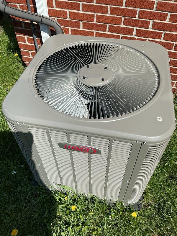 Completed comprehensive Gold AC inspection on 3-year-old Lennox residential air conditioning system with outdoor condenser unit and basement-located air handler. Performed thorough visual inspection of condenser unit, verified proper fan operation, checked refrigerant levels, inspected electrical connections, cleaned condenser coils, and evaluated overall system performance. Unit found to be in excellent operating condition with no deficiencies noted; all components functioning within manufacturer specifications.