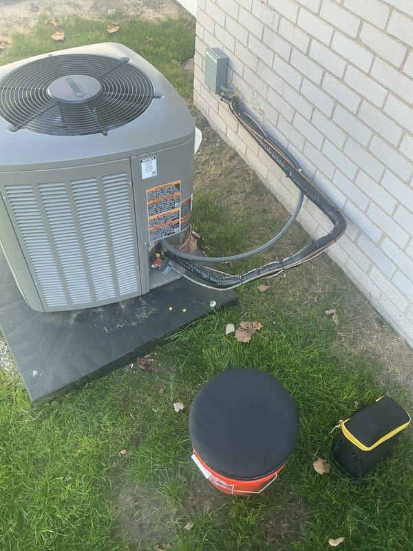 Performed system start-up on residential air conditioning unit with basement evaporator coil. Verified proper operation of outdoor condenser unit, checked refrigerant line connections, confirmed electrical connections at disconnect panel, and tested system functionality. Unit is operating within normal parameters and ready for cooling season.