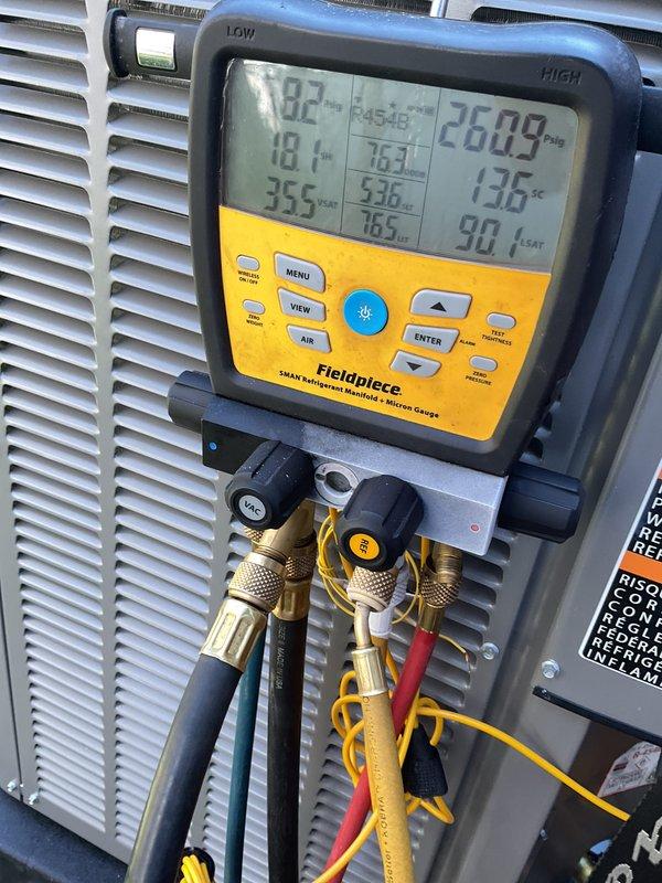 Completed installation of 3-ton rear-discharge air conditioning system with matching evaporator coil. System was reconnected, charged with refrigerant to manufacturer specifications, and tested using digital manifold gauges to verify proper operating pressures and temperatures across all parameters. New Lennox condensing unit was positioned on pad with proper clearances, 16x24x1 filter installed, and mechanical permit requested for compliance.