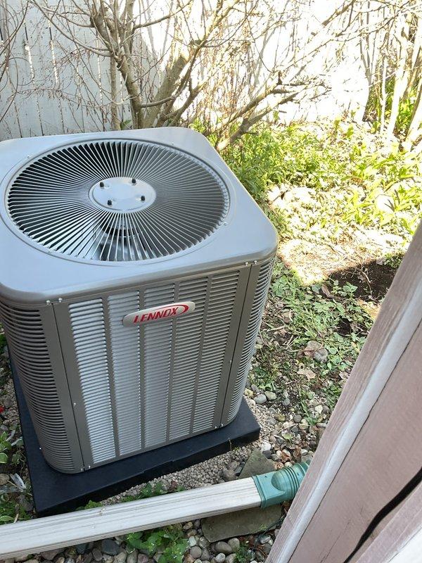 Completed installation of 3-ton rear-discharge air conditioning system with matching evaporator coil. System was reconnected, charged with refrigerant to manufacturer specifications, and tested using digital manifold gauges to verify proper operating pressures and temperatures across all parameters. New Lennox condensing unit was positioned on pad with proper clearances, 16x24x1 filter installed, and mechanical permit requested for compliance.