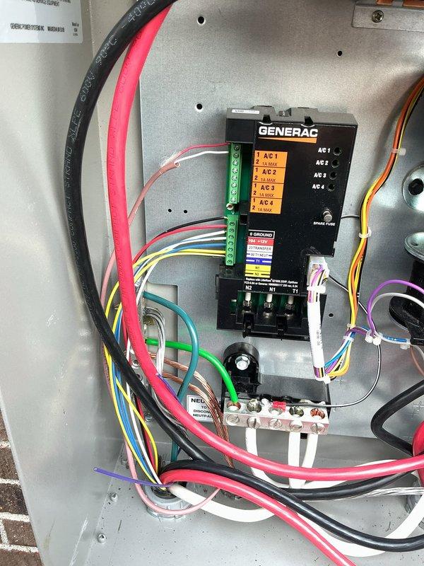 Responded to no-cool call on 2-year-old AC system that stopped operating following recent Generac generator installation. Upon arrival, found both furnace and AC inoperative. Inspected electrical connections at generator transfer switch and discovered improper wiring configuration affecting HVAC system power supply. Verified generator transfer switch installation had interrupted proper electrical feed to heating and cooling equipment. Traced wiring from Generac control module through terminal blocks and confirmed multiple circuits were improperly configured on AC circuit distribution. Corrected electrical connections at transfer switch to restore proper power routing to HVAC systems. Verified proper voltage supply restored to both furnace and air conditioning unit. Cycled systems through startup sequence and confirmed both units operational. Performed requested AC tune-up including filter inspection, refrigerant charge verification, and airflow assessment. System now functioning proper