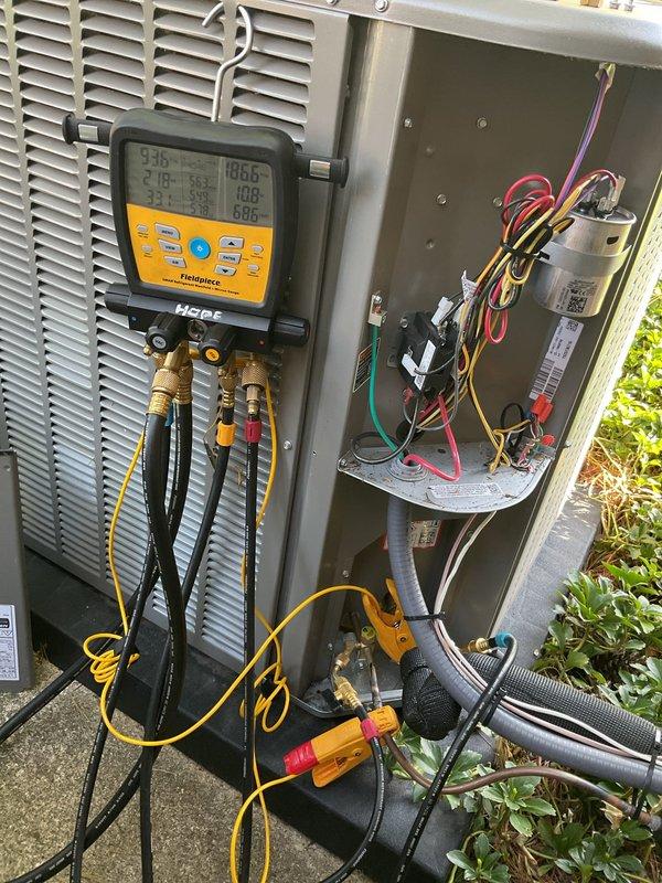 Performed system start-up on newly installed basement evaporator coil and corresponding outdoor condensing unit. Connected digital manifold gauges to service ports and verified refrigerant pressures and temperatures across the system, confirming proper charge levels and system operation. Inspected electrical connections within outdoor unit junction box, including capacitor, contactor, and associated wiring, ensuring all components were properly secured and functioning correctly for safe system operation.