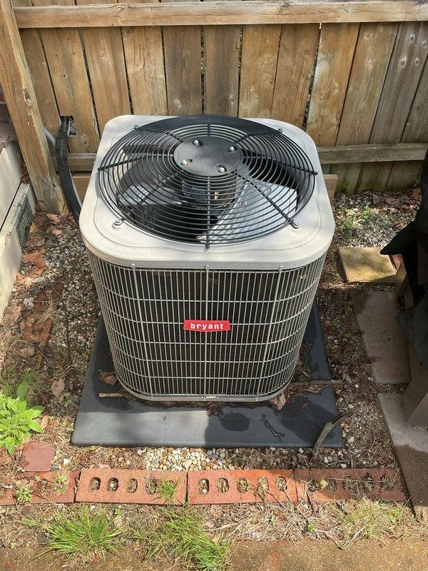 Completed preventative maintenance tune-up on a 6-year-old Bryant air conditioning system with outdoor condenser unit and basement-located air handler. Performed comprehensive system inspection including electrical connections, refrigerant levels, condenser coil cleaning, fan motor operation, and airflow verification. Unit found to be operating within normal parameters with no immediate service needs identified.