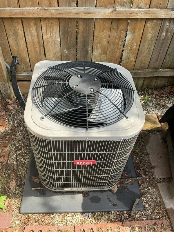 Completed preventative maintenance tune-up on a 6-year-old Bryant air conditioning system with outdoor condenser unit and basement-located air handler. Performed comprehensive system inspection including electrical connections, refrigerant levels, condenser coil cleaning, fan motor operation, and airflow verification. Unit found to be operating within normal parameters with no immediate service needs identified.