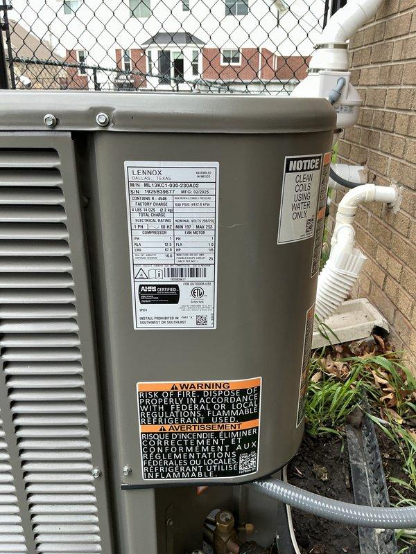 Completed comprehensive Gold AC Inspection and tune-up on a 2-year-old Lennox air conditioning system. System was operating properly upon arrival. Performed thorough inspection of outdoor condensing unit including examination of electrical disconnect box, verifying proper operation of safety switches and fuse indicators. Inspected all external components, louvers, and mounting hardware for secure installation and proper condition. Checked refrigerant lines, PVC condensate drainage, and electrical conduit connections. Verified manufacturer labels and safety warnings were intact and legible. Conducted standard cooling maintenance procedures to ensure optimal system performance. All components found to be in functional condition with normal outdoor weathering. System tested and confirmed working properly upon completion of service.