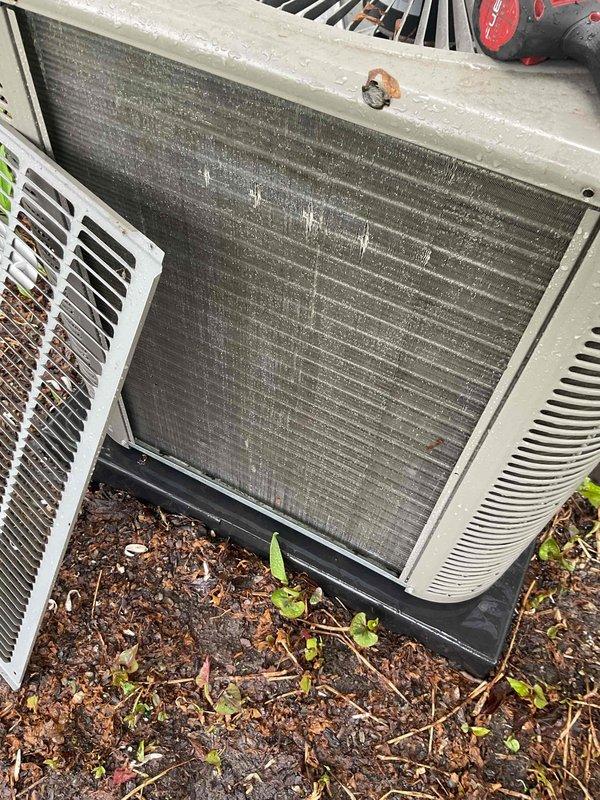 Completed comprehensive Gold AC Inspection and tune-up on three residential air conditioning units, all three years old. Performed thorough cleaning of heavily soiled condenser coils on all units, which showed extensive dirt, debris, and organic matter accumulation restricting airflow between the fins. Inspected all electrical connections, refrigerant levels, and mechanical components to ensure optimal system performance and efficiency for the cooling season.