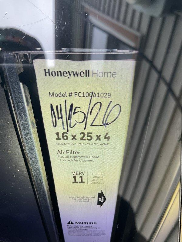 Completed NSP AC inspection on 3-year-old system with basement coil and furnace. Verified operation of ASPEN refrigerant evaporator coil (Model DC24A3G-175L-416) containing R-410A refrigerant at 448 PSI design pressure. Inspected Honeywell Home air filter (Model FC100A1029, 16x25x4, MERV 11 rating) and provided customer education regarding proper filter maintenance intervals and MERV rating specifications for optimal system performance and air quality.