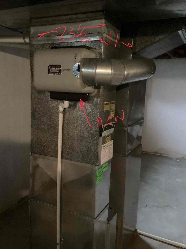 Responded to no heat call on eighteen-year-old furnace system in basement that was blowing air but not producing heat. Diagnosed failed secondary heat exchanger on aging unit. Provided comprehensive replacement estimate for new furnace system, documented existing equipment configuration including humidifier attachment and PVC venting, photographed electrical panel and current HVAC installation for quote preparation.