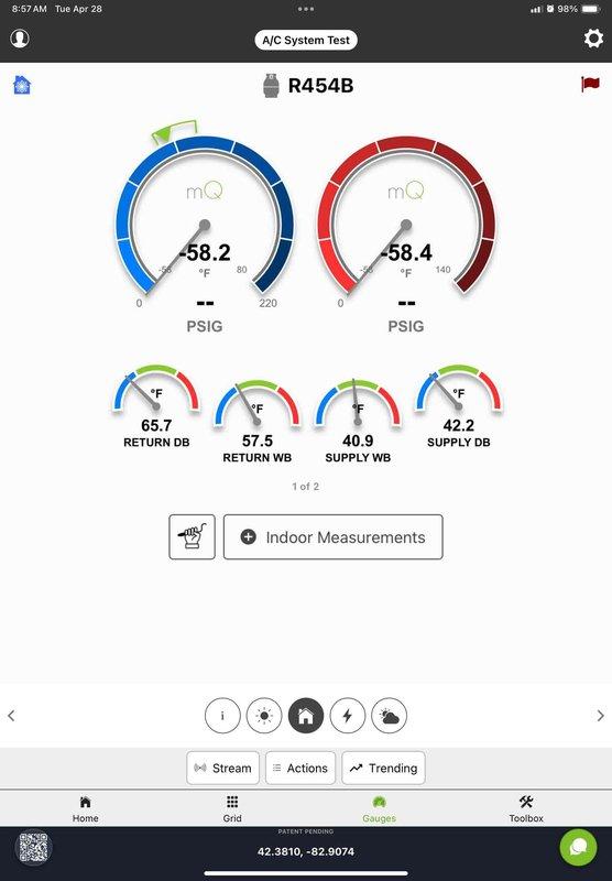 Completed comprehensive Gold AC inspection on multi-unit residential HVAC system consisting of three units with two air handlers located in attic and one coil assembly in basement. Performed diagnostic testing on 9-year-old Lennox equipment using Fieldpiece instrumentation, recording system pressures, return air dry bulb at 65.7°F, return air wet bulb at 57.5°F, supply air dry bulb at 42.2°F, and supply air wet bulb at 40.9°F with R454B refrigerant. Verified outdoor condenser unit operational status, inspected fan assembly and housing, confirmed proper airflow and clearance around equipment, and documented all system parameters within acceptable operating ranges.
