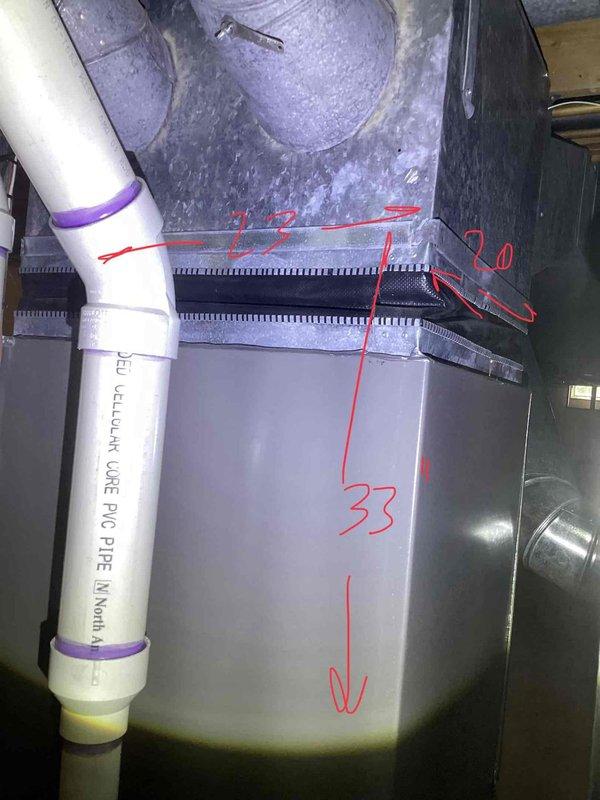 Performed comprehensive evaluation of 11-year-old residential HVAC system experiencing operational issues. Corrected low voltage wiring deficiency and conducted system diagnostics, revealing significant refrigerant loss in air conditioning unit. System confirmed out of warranty. Documented existing basement-installed air handler, ductwork configuration, condensate drainage system, and refrigerant line routing with detailed measurements and technical specifications for replacement estimate purposes.