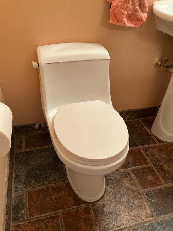 Responded to complaint of low water level in main floor toilet that continued dropping with air bubbles present after customer returned from vacation. Inspected toilet tank and bowl assembly, identifying internal component malfunction causing water loss and air infiltration. Removed tank lid and examined flush valve, flapper assembly, and fill valve mechanism. Adjusted Fluidmaster fill valve settings and replaced defective red flapper valve that was allowing water to slowly leak from tank into bowl. Verified proper seal on flush valve seat and confirmed refill tube was properly positioned in overflow tube. Tested flush cycle multiple times to ensure proper water level restoration and elimination of air bubbles in bowl. Verified toilet now maintains consistent water level without further loss.