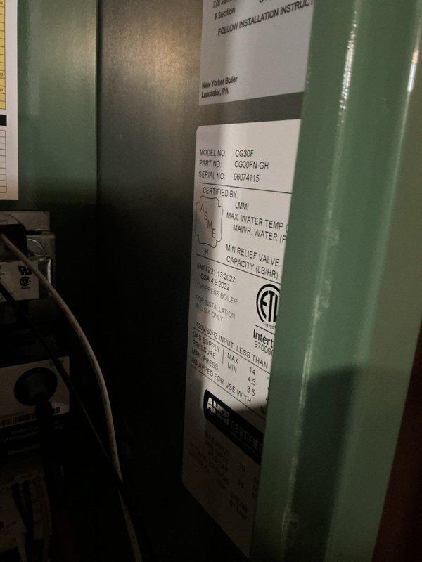 Successfully completed installation of new boiler system and 40-gallon hot water heater in mechanical room. Installed Lancaster-manufactured boiler unit (Model CG35F) with A+ energy rating, including proper placement of pressure relief valve and all required safety components. Connected new thermostat to boiler system and completed all mechanical reconnections per code requirements. All equipment properly labeled with manufacturer specifications and certification marks, system tested and operational.