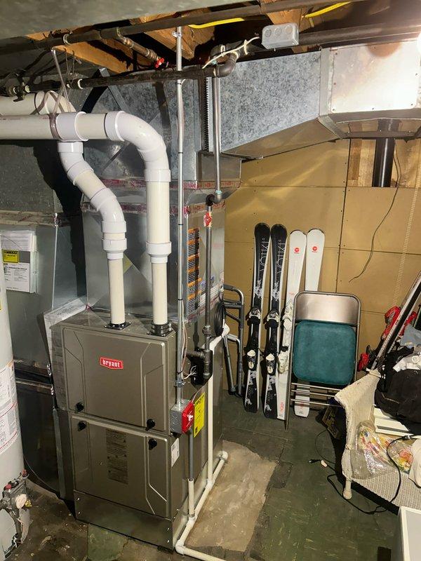 Completed installation of new air conditioning system and uncased evaporator coil on existing Bryant furnace system. System was charged to manufacturer specifications with superheat reading of 17.8°F and subcooling of 13.9°F, confirming proper refrigerant charge and operational performance. Permit has been requested for the installation per local code requirements.