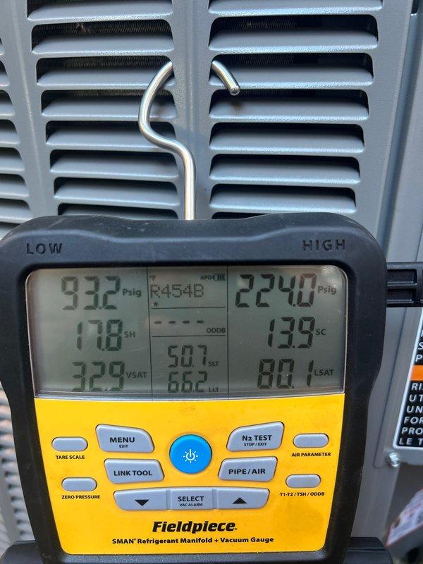Completed installation of new air conditioning system and uncased evaporator coil on existing Bryant furnace system. System was charged to manufacturer specifications with superheat reading of 17.8°F and subcooling of 13.9°F, confirming proper refrigerant charge and operational performance. Permit has been requested for the installation per local code requirements.