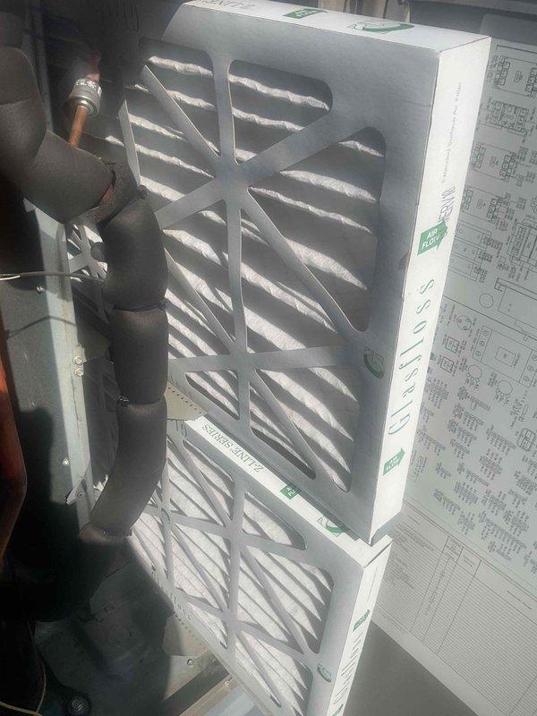 Completed spring maintenance on one rooftop unit at commercial facility. Performed comprehensive preventive maintenance inspection and servicing of RTU system. Replaced dirty air filters as evidenced by significant dust and debris accumulation on existing filters. Verified system operation and documented equipment condition with photographic records. All maintenance tasks completed per agreement specifications.