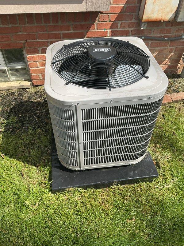 Completed Gold AC inspection on 2021 Bryant condenser unit. Performed general maintenance inspection of outdoor unit and basement evaporator coil. All equipment operating properly with no issues identified. Unit photographed and documented for service records.