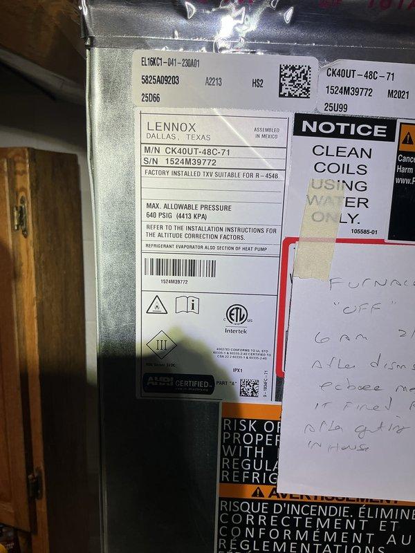 # Summary

Completed comprehensive Gold AC inspection on 1-year-old Daikin HVAC system with Lennox coil unit located in basement. Performed multi-point system evaluation including visual inspection of furnace, air handler, ductwork connections, refrigerant lines, condensate drainage, and electrical components, verifying proper installation and operational status of all equipment.

# Work Performed

Conducted thorough Gold-level air conditioning inspection on residential forced-air heating and cooling system. Inspected Daikin furnace unit (gray/silver housing) and Lennox coil unit model CK40UT-48C-71, serial number 1524M39772, both located in basement utility area. Verified homeowner presence and confirmed equipment operational prior to inspection.

Performed visual assessment of all accessible HVAC components including metallic ductwork connections, copper refrigerant lines, and air handler assembly. Examined furnace front panel labels, warning stickers, and specification plates for pr