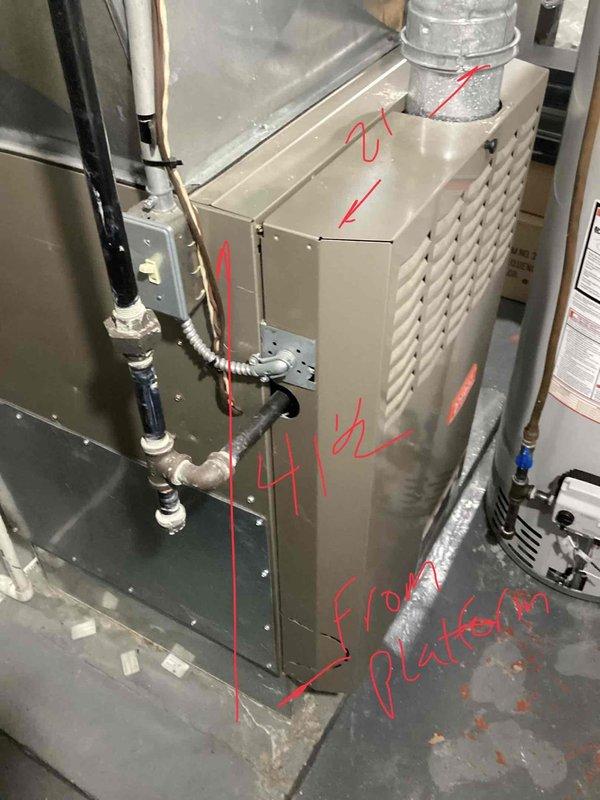 Provided estimate for complete HVAC system replacement including air conditioning unit and furnace for 28-year-old equipment located in basement. Current system experiencing water leakage issues but otherwise operational. Assessment included documentation of existing installation configuration, ductwork measurements, clearance requirements, and equipment positioning for replacement planning.