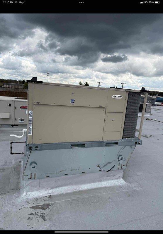 Completed commercial HVAC maintenance agreement inspection on one Allied brand rooftop air conditioning unit. Accessed RTU via ladder, performed comprehensive system inspection while unit was operational, and removed air filters for evaluation which showed significant dust and particulate accumulation requiring replacement. All maintenance procedures documented with photographic evidence per agreement specifications.