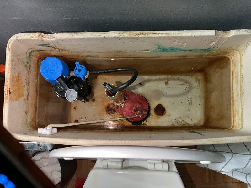 Performed comprehensive whole home plumbing inspection in response to unusually high water consumption. Conducted thorough examination of all plumbing fixtures, supply lines, and drainage systems throughout the property. Inspected toilet tank components and identified significant mineral buildup, rust staining, and corrosion on interior surfaces, indicating prolonged water exposure and possible inefficient flush valve operation. Documented deteriorated flapper valve assembly with red rubber flapper showing signs of wear, potentially causing continuous water seepage into bowl between flushes. Observed fill valve mechanism with blue float ball assembly displaying mineral deposits that could affect proper shutoff function. Noted extensive discoloration and sediment accumulation on tank bottom and walls, suggesting water quality issues and age-related component degradation. Tank components showed evidence of oxidation on metal parts and hardwater scale throughout. Photographed conditions f