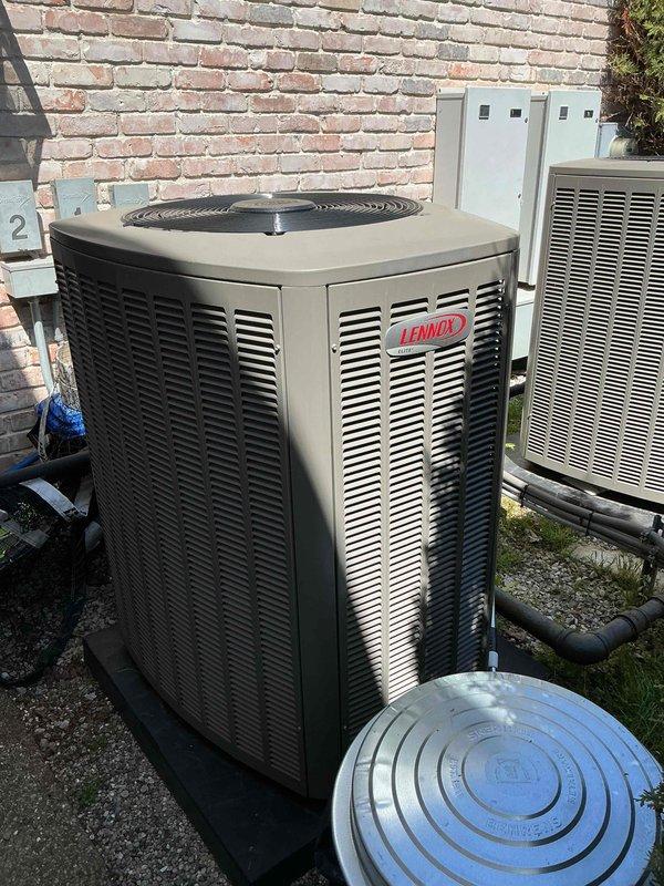 Completed comprehensive Gold AC inspection on three heat pump systems at property with 2013 equipment installation. Inspected Lennox outdoor condensing units and basement-located air handler/coil assembly, verifying operational status of all components including compressors, fan motors, electrical connections, and refrigerant pressures. Reviewed humidifier display panel diagnostics and operational indicators to confirm proper system integration. Documented condenser area conditions and advised that exterior unit surroundings require clearing of debris and animal waste to maintain proper airflow and prevent future equipment damage or efficiency loss.